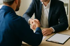 Recruiter verwelkomt kandidaat voor een sollicitatiegesprek in een kantooromgeving