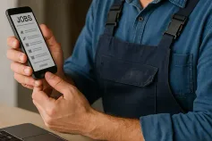Persoon zoekt vacatures op sociale media via smartphone en laptop