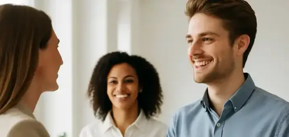 Een nieuwe collega wordt met een handdruk verwelkomd door het team.