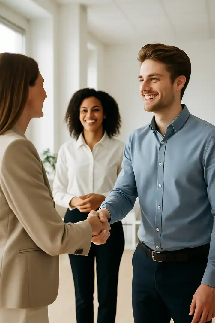 Een nieuwe collega wordt met een handdruk verwelkomd door het team.