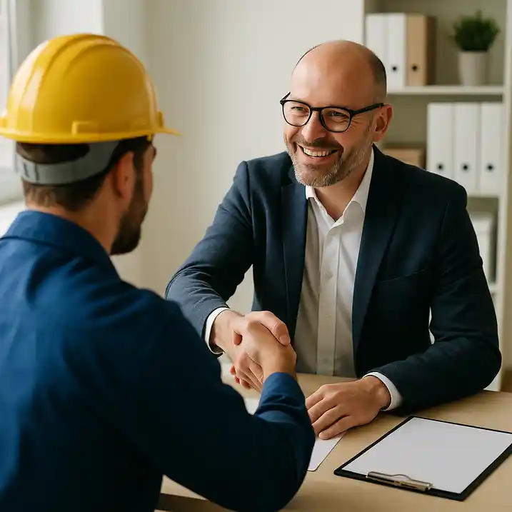 Recruiter verwelkomt kandidaat voor een sollicitatiegesprek in een kantooromgeving