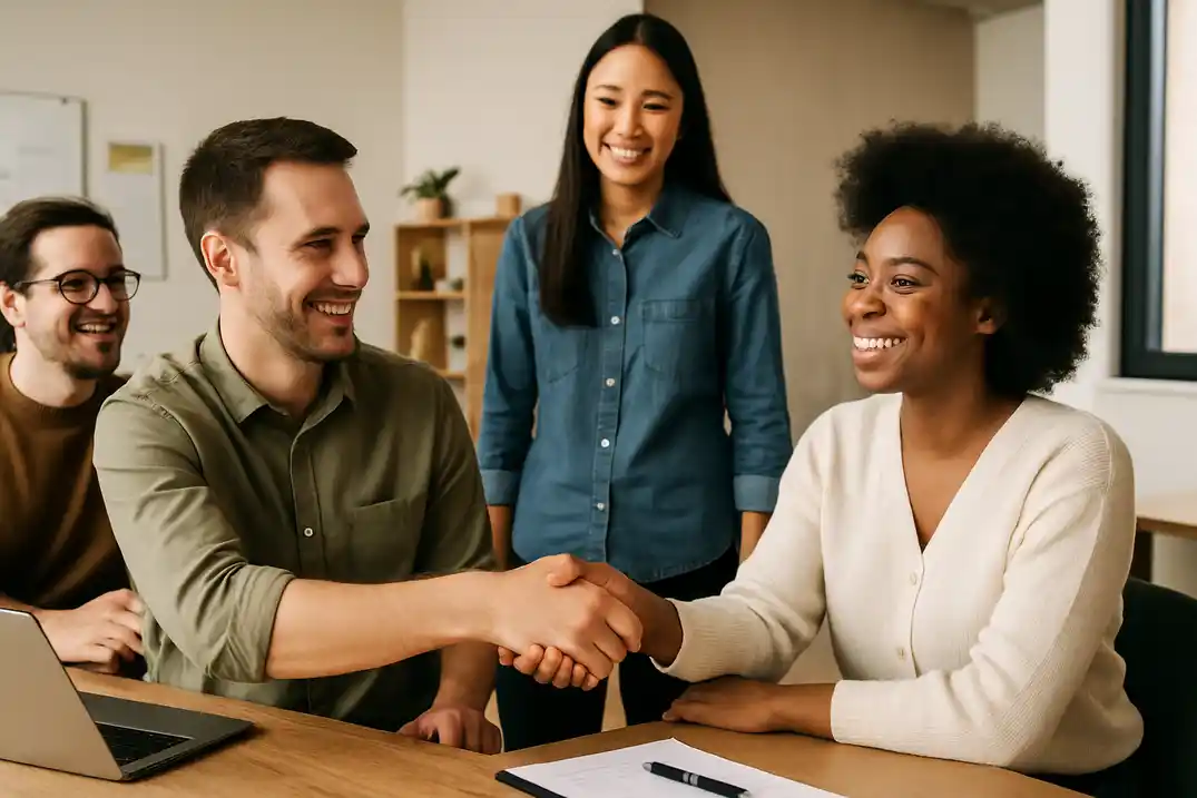 Collega’s verwelkomen iemand in een gezamenlijke werkruimte.