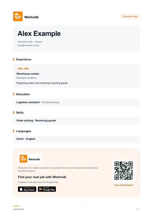 Example Werkvolk PDF CV with work experience, education, skills and languages