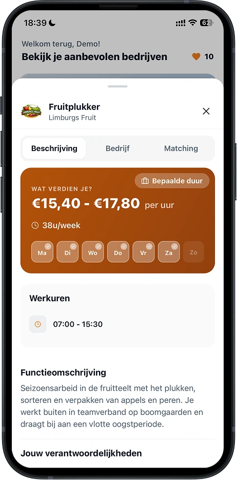 Werkvolk app met een bedrijfsvideokaart, matchscore en swipe-bediening
