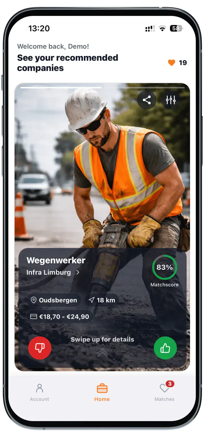 Smartphone showing the Werkvolk app, a vacancy card with company video, match score and salary